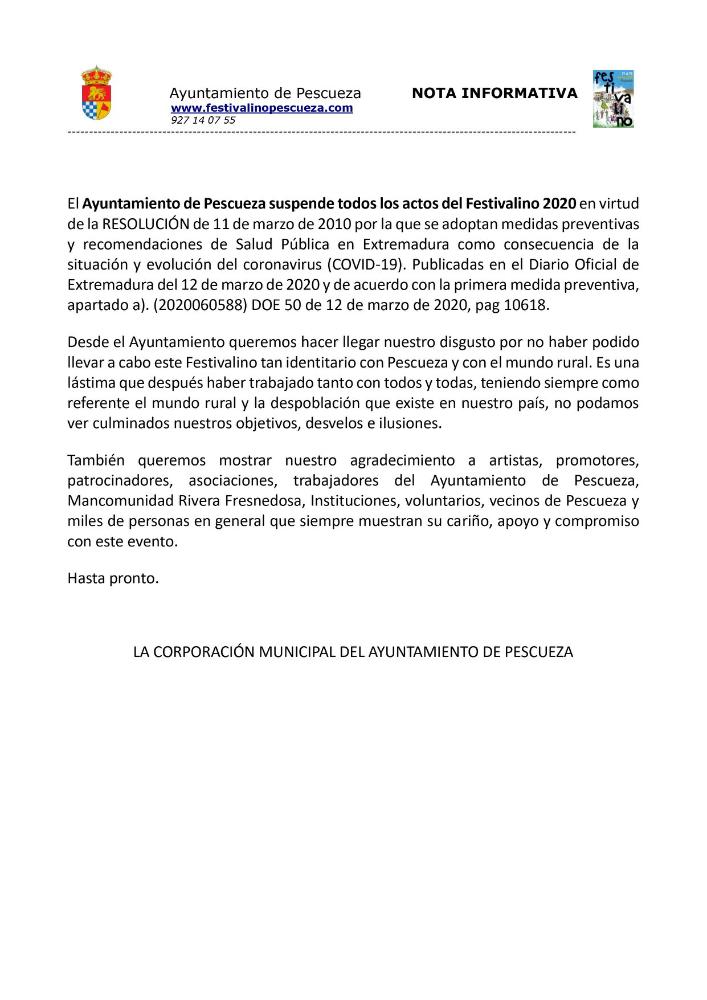 Imagen SUSPENSIÓN del Festivalino 2020